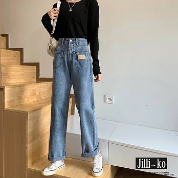 【Jilli~ko】韓版ins高腰闊腿牛仔褲女顯瘦百搭新款直筒長褲 M-XL 261　 L 藍色