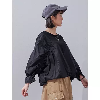 【慢。生活】純色拼接彈性抓皺蝙蝠袖衛衣 0353　 FREE 黑色