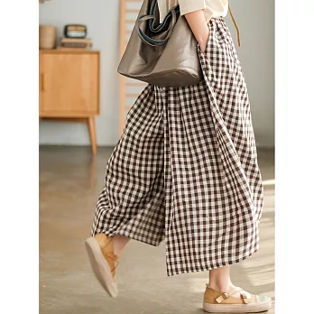 【慢。生活】韓國文藝棉麻風褶皺休閒百搭格子闊腿褲 8027　 FREE 咖色