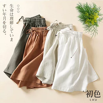 【初色】復古繫帶棉麻風短褲-共4色-61601(M-2XL可選) M 白色