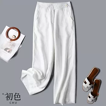 【初色】亞麻風高腰垂墜感闊腿褲-共3色-60758(M-2XL可選) M 白色