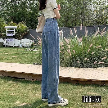 【Jilli~ko】通季新款高腰直筒垂墜感顯瘦拖地牛仔褲 M-XL J9072  M 藍色