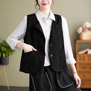 【ACheter】 秋新品氣質單排扣寬鬆顯瘦無袖水洗棉百搭馬甲短版上衣 # 113826 M 黑色