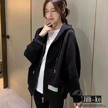 【Jilli~ko】華夫格韓版休閒寬鬆拉鏈衛衣外套 J9511  FREE 黑色