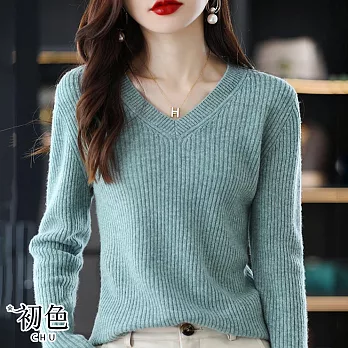 【初色】純色短款V領針織毛衣上衣-共5色-64337(F可選) F 藍綠色