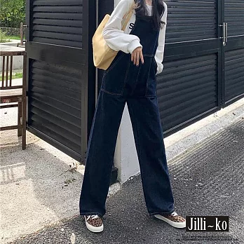 【Jilli~ko】韓版復古水洗牛仔大口袋背帶連身褲 J9807  FREE 深藍色