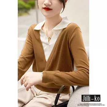 【Jilli~ko】假兩件簡約百搭小V翻領撞色針織衫 J9794  FREE 咖啡色