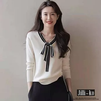 【Jilli~ko】名媛風撞色飄帶蝴蝶結領打底針織衫 J9907  FREE 杏色