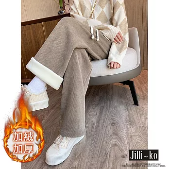 【Jilli~ko】加絨歐棉絨口袋寬鬆抽繩百搭直筒休閒闊腿褲 J9793-1  FREE 卡其色