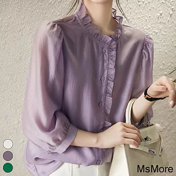 【MsMore】 甜美木耳邊宮廷七分袖純色襯衫寬鬆短版上衣 # 115772 M 紫色