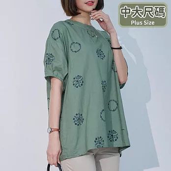 【慢。生活】輕文藝花圈圖案連袖棉質上衣 15698  FREE 綠色