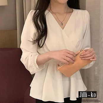 【Jilli~ko】V領甜美氣質收腰繫帶傘襬雪紡上衣 J10157  FREE 白色