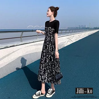 【Jilli~ko】赫本風拼接碎花連衣裙 M-L 6431  M 黑色