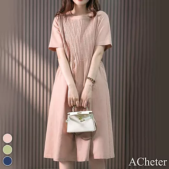 【ACheter】 韓版寬鬆設計感圓領短袖風琴褶遮肉顯瘦中長版亞麻感連身裙洋裝# 117061 XL 粉紅色