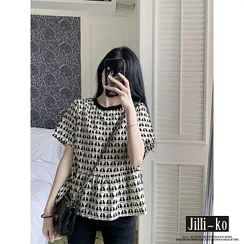 【Jilli~ko】成雙小貓印花拼接荷葉下擺上衣 J10627  FREE 黑色