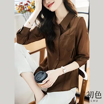 【初色】素色翻領收腰單排扣襯衫上衣-咖啡色-66921(M-2XL可選) M 咖啡色