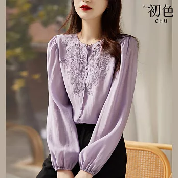 【初色】圓領刺繡燈籠袖素色襯衫上衣-共3色-67063(M-2XL可選) XL 紫色