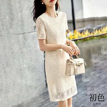 【初色】浪漫蕾絲緹花連身洋裝-杏色-67464(M-2XL可選) L 杏色