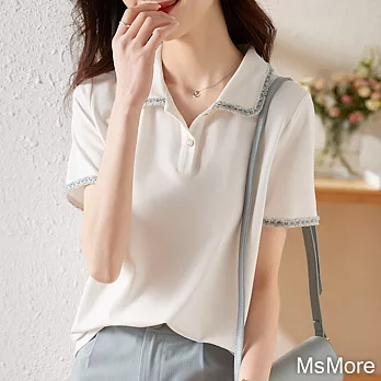 【MsMore】 法式白色優雅POLO衫舒適短袖短版顯瘦上衣# 117469 XL 白色