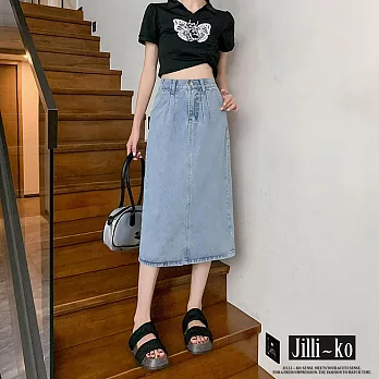 【Jilli~ko】後開衩半鬆緊高腰牛仔半身裙 L-XL J10732 L 藍色