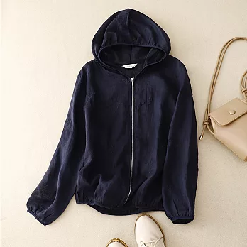 【ACheter】 細棉麻刺繡防曬外套連帽長袖寬鬆空調夾克短版文藝上衣# 118397 M 黑色