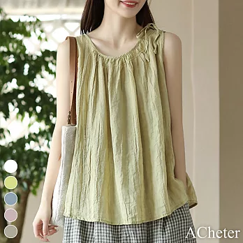 【ACheter】 復古上衣系帶無袖圓領背心褶皺吊帶寬鬆短版上衣# 118430 FREE 綠色