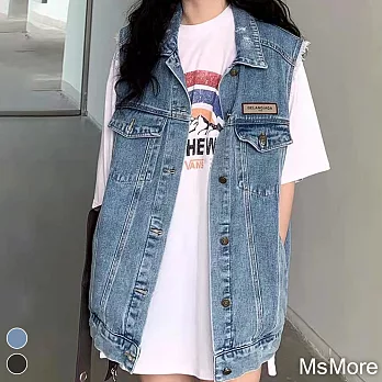 【MsMore】 復古牛仔馬甲韓版寬鬆休閒無袖背心百搭短版外套# 118571 M 藍色