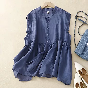 【慢。生活】棉麻簡約寬鬆拼接繫帶無袖娃娃衫 2230  FREE 藍色