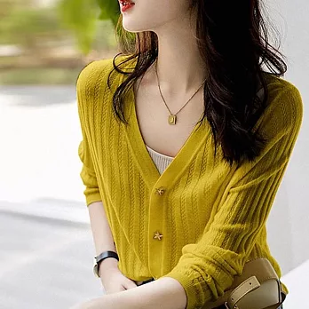 【MsMore】 韓版海星金屬扣法式V領氣質長袖針織純色開衫短版上衣# 119488 FREE 黃色