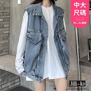 【Jilli~ko】BF風疊穿寬鬆無袖坎肩牛仔外套背心中大尺碼 J11068  FREE 藍色