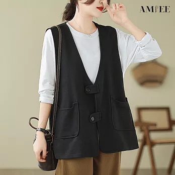 【AMIEE】復古多層次百搭工裝背心(3色/M-2XL/KDCQ-720) L 黑色