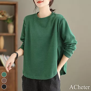 【ACheter】 大碼純色上衣寬鬆簡約不規則圓領長袖百搭短版# 119360 FREE 綠色