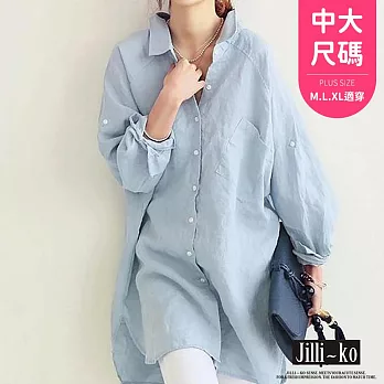 【Jilli~ko】後開扣設計中長款寬鬆襯衫中大尺碼 J11069  FREE 淺藍色