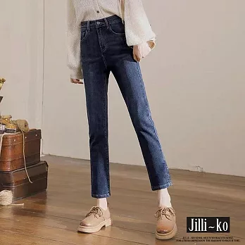 【Jilli~ko】高腰彈力修身煙九分管直筒牛仔褲 M-XL J11038  XL 深藍色