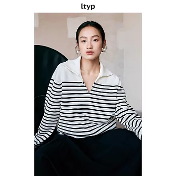 ltyp旅途原品 100%美麗諾羊毛百搭休閒條紋POLO小V領廓形毛衣 M L-XL  M 白底黑條