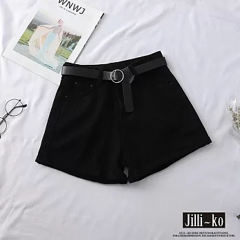 【Jilli~ko】百搭款寬鬆高腰A字捲邊牛仔熱短褲 M-XL J11036  L 黑色