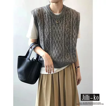 【Jilli~ko】圓領復古麻花疊穿無袖針織馬甲毛衣 J11024  FREE 灰色