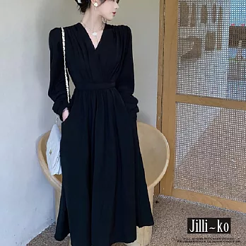 【Jilli~ko】法式復古赫本風V領收腰顯瘦連衣裙 J11078  FREE 黑色