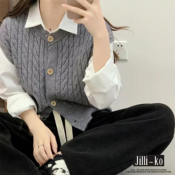 【Jilli~ko】復古麻花疊穿無袖坎肩針織開衫背心 J11102  FREE 灰色