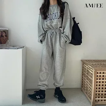 【AMIEE】韓系美式棉質休閒運動2件套裝(4色/M-3XL/KDAQ-809) 2XL 深灰