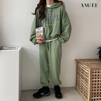 【AMIEE】韓系美式棉質休閒帽T2件套裝(5色/M-3XL/KDAQ-0178) 2XL 綠色