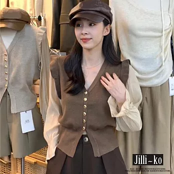 【Jilli~ko】V領喇叭袖針織衫女短款木耳邊假兩件上衣 J11257  FREE 咖色