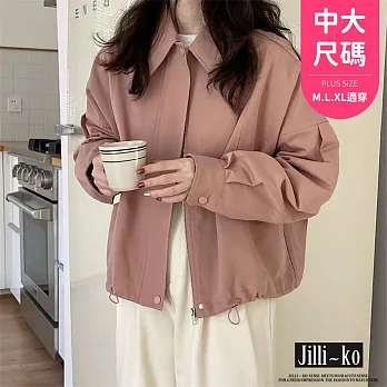 【Jilli~ko】翻領短款夾克女下擺抽繩寬鬆短外套中大尺碼 J11281  FREE 粉色