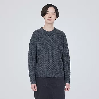 【MUJI 無印良品】女美麗諾羊毛麻花織紋圓領針織衫 L 墨灰