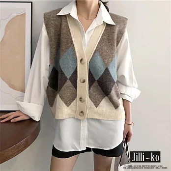 【Jilli~ko】配色菱格毛呢針織背心 1328  FREE 淺咖
