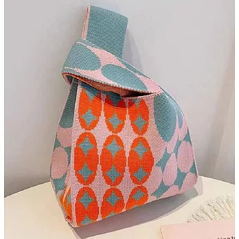 櫻花妹超夯單品【日系套結針織手挽包】-日系女孩必備單品 藍粉幾何