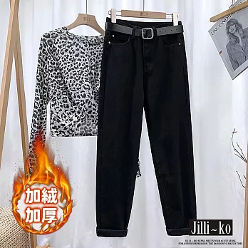 【Jilli~ko】加絨加厚女直筒九分哈倫蘿蔔老爹牛仔褲 M-2XL J11538  M 黑色