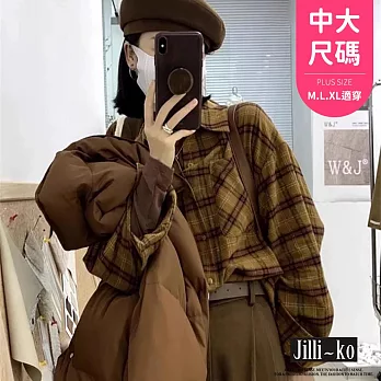 【Jilli~ko】美式復古女寬鬆慵懶格子襯衫中大尺碼 J11588  FREE 黃色