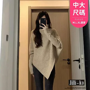 【Jilli~ko】慵懶風不規則下襬高領飛鼠袖針織毛衣 J11329 FREE 卡其色