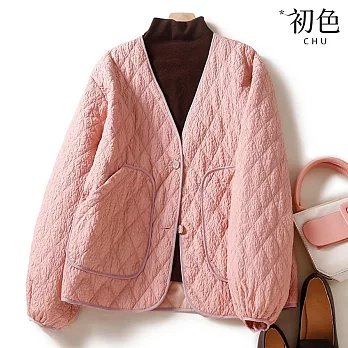 【初色】肌理感菱格紋寬鬆V領大口袋縮口長袖單排釦夾克休閒外套-共3色-31965(M-2XL可選) M 粉色